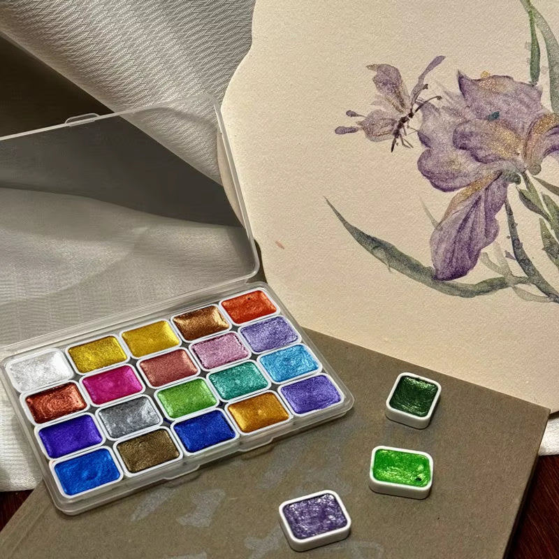 20 Color Pearl Watercolor Pigment, Solid Packaging for Traditional Chinese Painting, Tangka Calligraphy, Color Painting