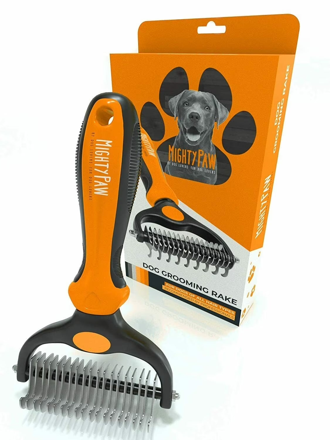 Dog Grooming Brush - Undercoat Dematting Rake with Rounded Teeth Comb - Pet Grooming Deshedding Tool for Detangling, Thinning, and Deshedding All Hair Types - Orange