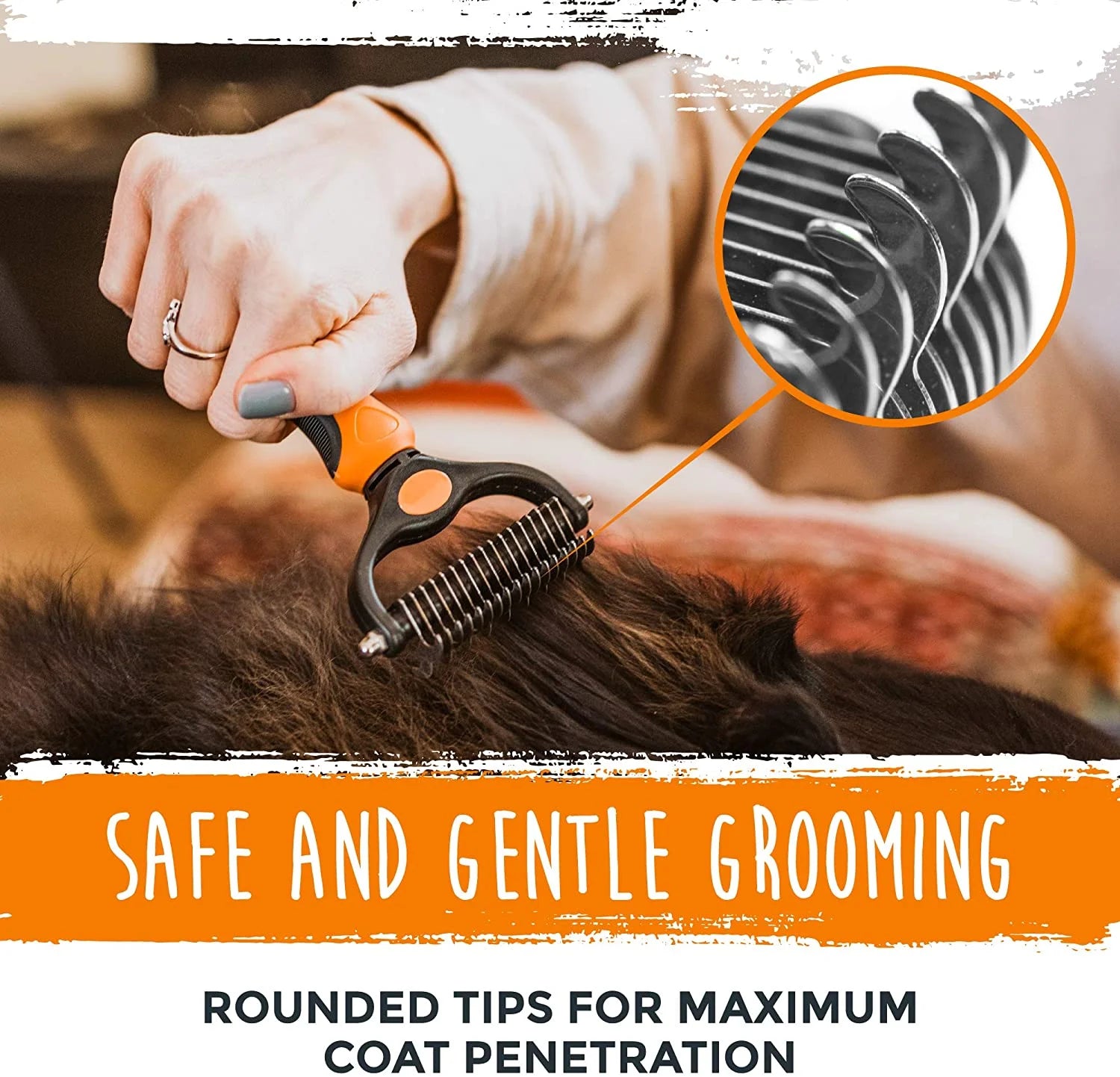 Dog Grooming Brush - Undercoat Dematting Rake with Rounded Teeth Comb - Pet Grooming Deshedding Tool for Detangling, Thinning, and Deshedding All Hair Types - Orange